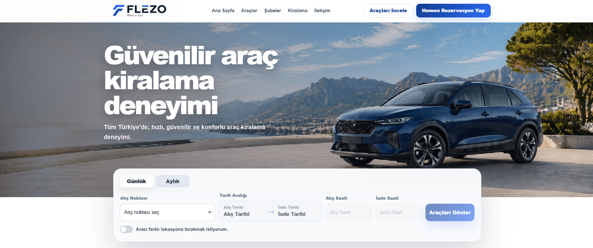 Flezo araç kiralama müşteri web sitesi ekranı
